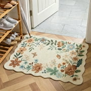 Moynesa 2x3 Floral Rugs for Entryway, Scalloped Washable Kitchen Rugs Ultra-Thin Soft Rug, Non Slip Indoor Door Mat Stain Resistant Boho Small Rug Low-Pile Throw Rug for Bathroom Bedroom, Beige