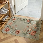 Moynesa 2x3 Floral Rugs for Entryway, Scalloped Washable Kitchen Rugs Ultra-Thin Soft Rug, Non Slip Indoor Door Mat Stain Resistant Boho Small Rug Low-Pile Throw Rug for Bathroom Bedroom, Coffee