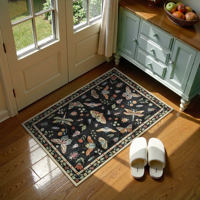 Moynesa 2'x3' Insect Entryway Rug, Washable Rug Kitchen Rug Non-Slip, Vintage Botanical Door Mat Indoor Entrance Stain Resistant Small Rug Low-Pile Throw Rug for Bathroom Bedroom Black