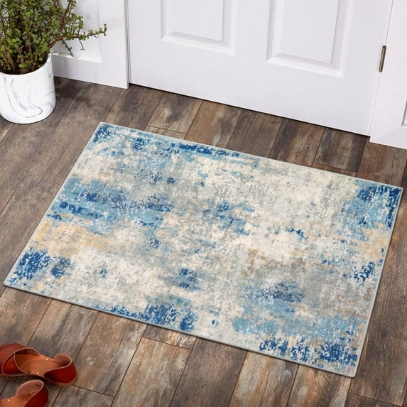 Moynesa 2'x3' Modern Abstract Area Rug,Blue Washable Small Front Door Rug for Entryway Mat Contemporary Faux Wool Non-Slip Soft Floor Indoor Carpet for Living Room Kitchen Bathroom RV