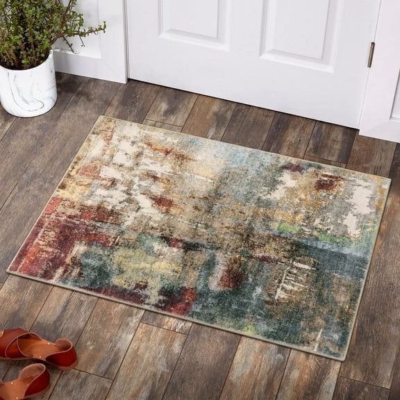 Moynesa 2'x3' Modern Abstract Area Rug,Red Washable Small Front Door Rug for Entryway Mat Contemporary Faux Wool Non-Slip Soft Floor Indoor Carpet for Living Room Kitchen Bathroom RV