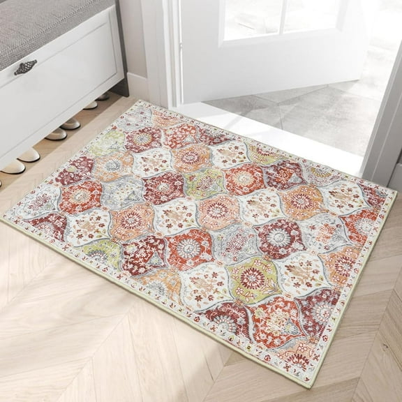 Moynesa 2'x3' Moroccan Trellis Area Rug, 2x3ft Entry Rug Non-Slip Washable Indoor Door Mat, Small Oriental Accent Throw Rug for Bedroom Kitchen Entryway Bathroom Orange