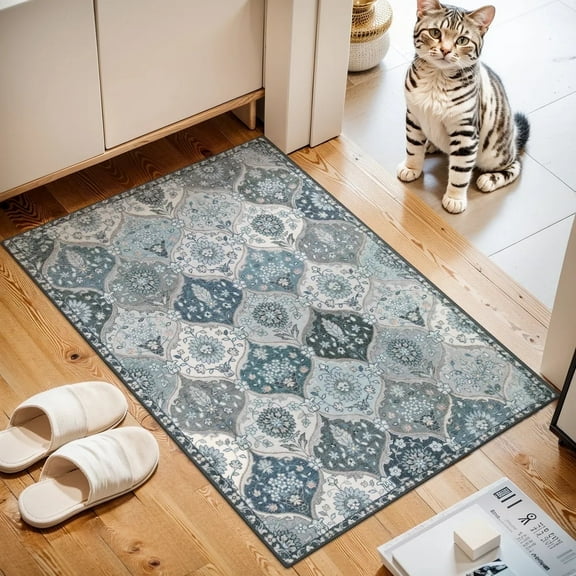 Moynesa 2'x3' Moroccan Trellis Area Rug,Blue Entry Rug Non-Slip Washable Indoor Door Mat, Small Oriental Accent Throw Rug for Bedroom Kitchen Entryway Bathroom