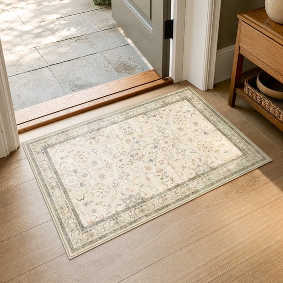 Moynesa 2'x3' Washable Area Rug, Vintage Distressed Traditional Entryway Rug, Non Slip Farmhouse Small Accent Rug for Bedroom Bathroom Laundry Room Kitchen Indoor Door Mat, Beige