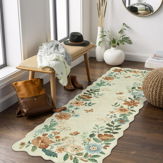 Moynesa 2'x5' Floral Runners for Hallways, 2x5ft Kitchen Runner Rug Ultra-Thin Soft Rug, Non-Slip Washable Rug Runner Stain Resistant Boho Rug Low-Pile Carpet Runner for Bathroom Bedroom,Beige