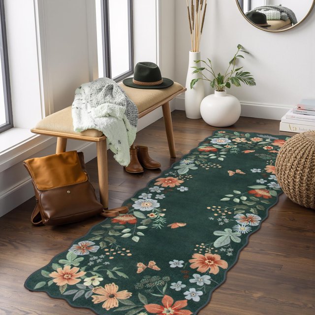 Moynesa 2'x5' Floral Runners for Hallways, 2x5ft Kitchen Runner Rug Ultra-Thin Soft Rug, Non-Slip Washable Rug Runner Stain Resistant Boho Rug Low-Pile Carpet Runner for Bathroom Bedroom,Dark Green