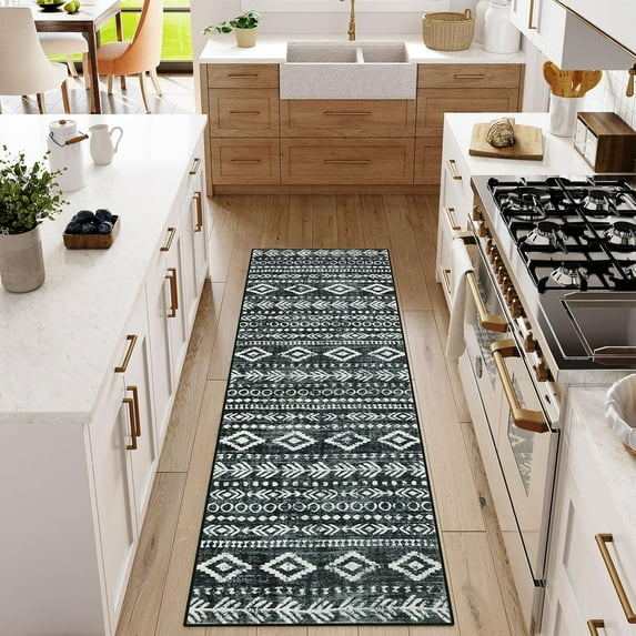 Moynesa 2'x6' Boho Moroccan Runner Rug,Washable Black White Kitchen Runner Rug Non Slip,Low-Pile Soft Bohemian Tribal Carpet Runners for Hallways Entryway Laundry Bedside Farmhouse