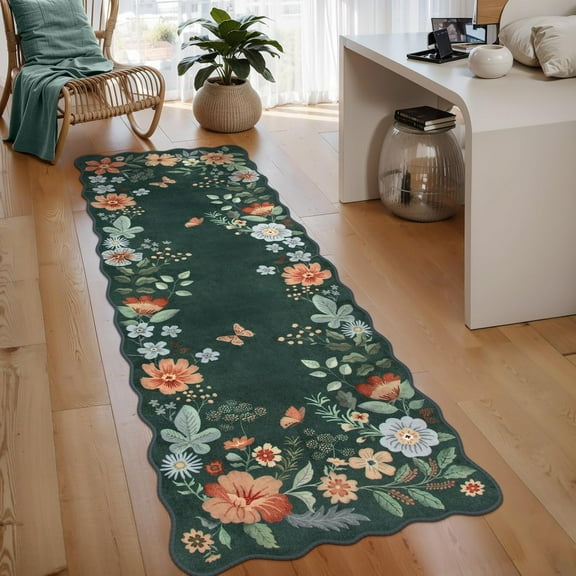 Moynesa 2'x6' Floral Runners for Hallways, 2x6ft Kitchen Runner Rug Ultra-Thin Soft Rug, Non-Slip Washable Rug Runner Stain Resistant Boho Rug Low-Pile Carpet Runner for Bathroom Bedroom,Dark Green
