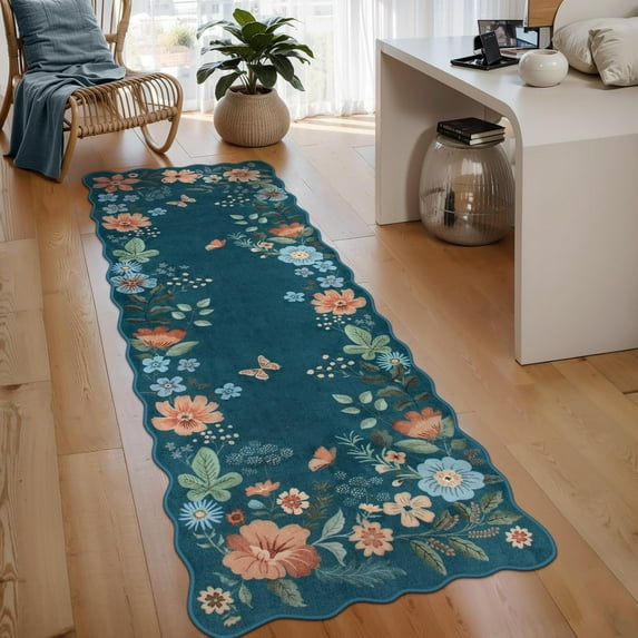 Moynesa 2'x6' Floral Runners for Hallways, 2x6ft Kitchen Runner Rug Ultra-Thin Soft Rug, Non-Slip Washable Rug Runner Stain Resistant Boho Rug Low-Pile Carpet Runner for Bathroom Bedroom,Blue