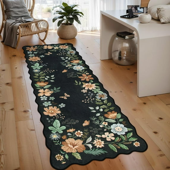 Moynesa 2'x6' Floral Runners for Hallways, 2x6ft Kitchen Runner Rug Ultra-Thin Soft Rug, Non-Slip Washable Rug Runner Stain Resistant Boho Rug Low-Pile Carpet Runner for Bathroom Bedroom,Black