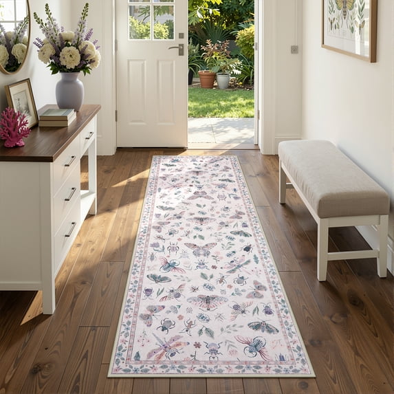 Moynesa 2'x6' Insect Hallway Runner Rug Washable Kitchen Runner Soft Bug Accent Carpet Runner for Laundry Bathroom Bedroom Entryway Stain Resistant Non Slip, Pink