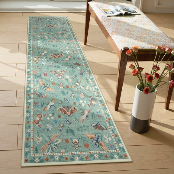 Moynesa 2'x6' Insect Hallway Runner Rug Washable Kitchen Runner Soft Bug Accent Carpet Runner for Laundry Bathroom Bedroom Entryway Stain Resistant Non Slip, Light Green