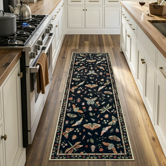 Moynesa 2'x6' Insect Runner Rug Washable Kitchen Runner Rug Vintage Botanical Bug Accent Runner for ‎Hallway Laundry ‎Bathroom Bedroom Entryway Stain Resistant Non Slip, Black