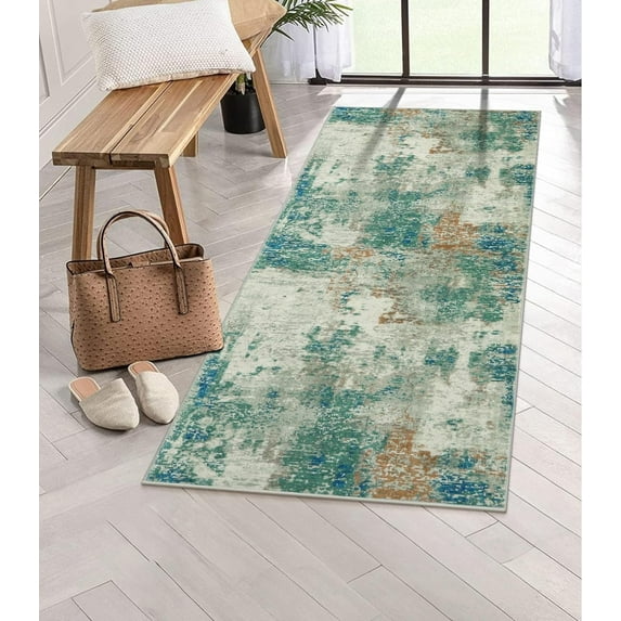 Moynesa 2'x6' Modern Abstract Green Bathroom Runner Rug,Washable Long Hallway Rug Runner, Soft Non Slip Blue Floor Accent Carpet Runner for Entryway Kitchen Laundry Room Doorway Bedroom