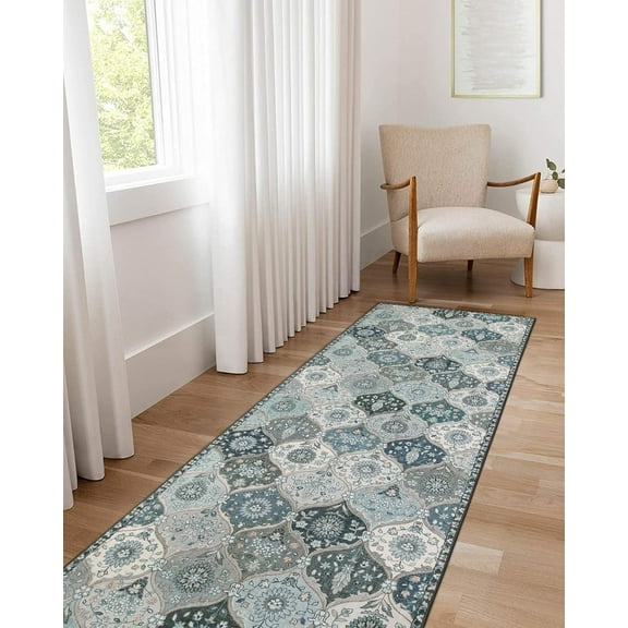 Moynesa 2'x6' Moroccan Trellis Washable Runner Rug,2x6ft Rug Runners for Hallways Non Slip Vintage Kitchen Runner Rug Ultra-Thin Bathroom Runner Rugs Carpet Laundry Room Bedroom Blue
