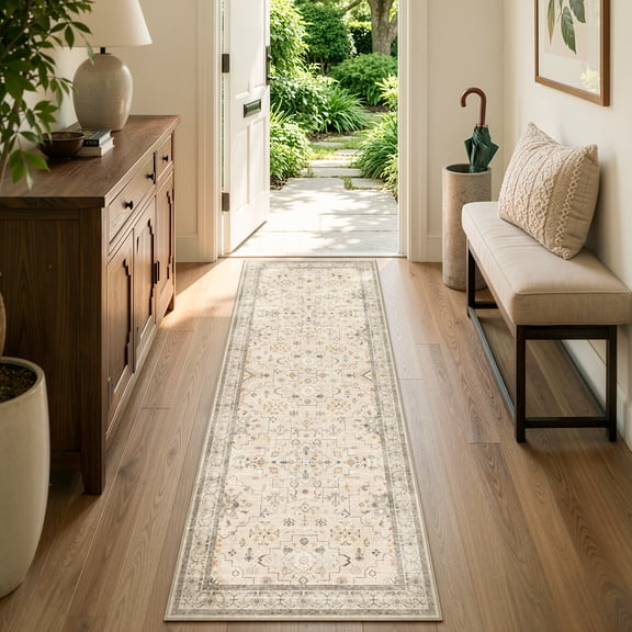 Moynesa 2'x6' Washable Runner Rug, Vintage Distressed Traditional Hallway Runner Rug Non Slip Low Pile, Soft Farmhouse Runner Rug for Kitchen Bathroom Bedroom Laundry Room Entryway, Beige