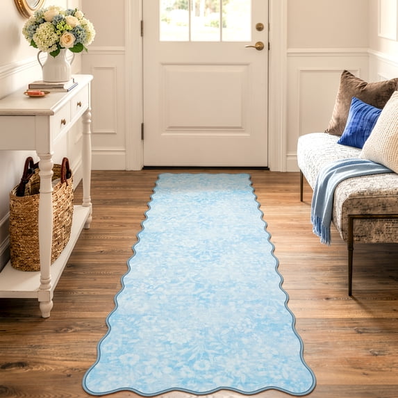 Moynesa 2'x6' Scalloped Floral Runner Rug, Washable Cottage Boho Accent Rug for Hallway Bedroom Laundry Room Bathroom Soft Low Pile Non Slip, Mist Blue
