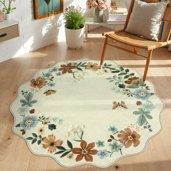 Moynesa 3' Floral Round Area Rug, Washable Rugs for Bedroom Ultra-Thin Soft Rug, Non-Slip Small Boho Circle Carpet for Entryway Kitchen Laundry Bathroom,Beige