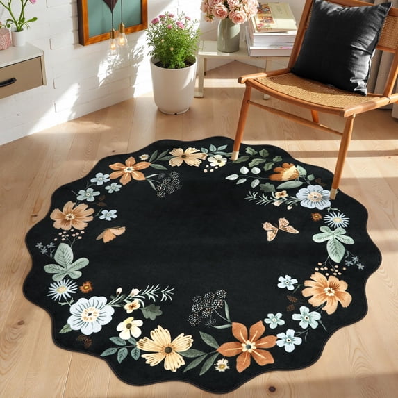 Moynesa 3' Floral Round Area Rug, Washable Rugs for Bedroom Ultra-Thin Soft Rug, Non-Slip Small Boho Circle Carpet for Entryway Kitchen Laundry Bathroom,Black