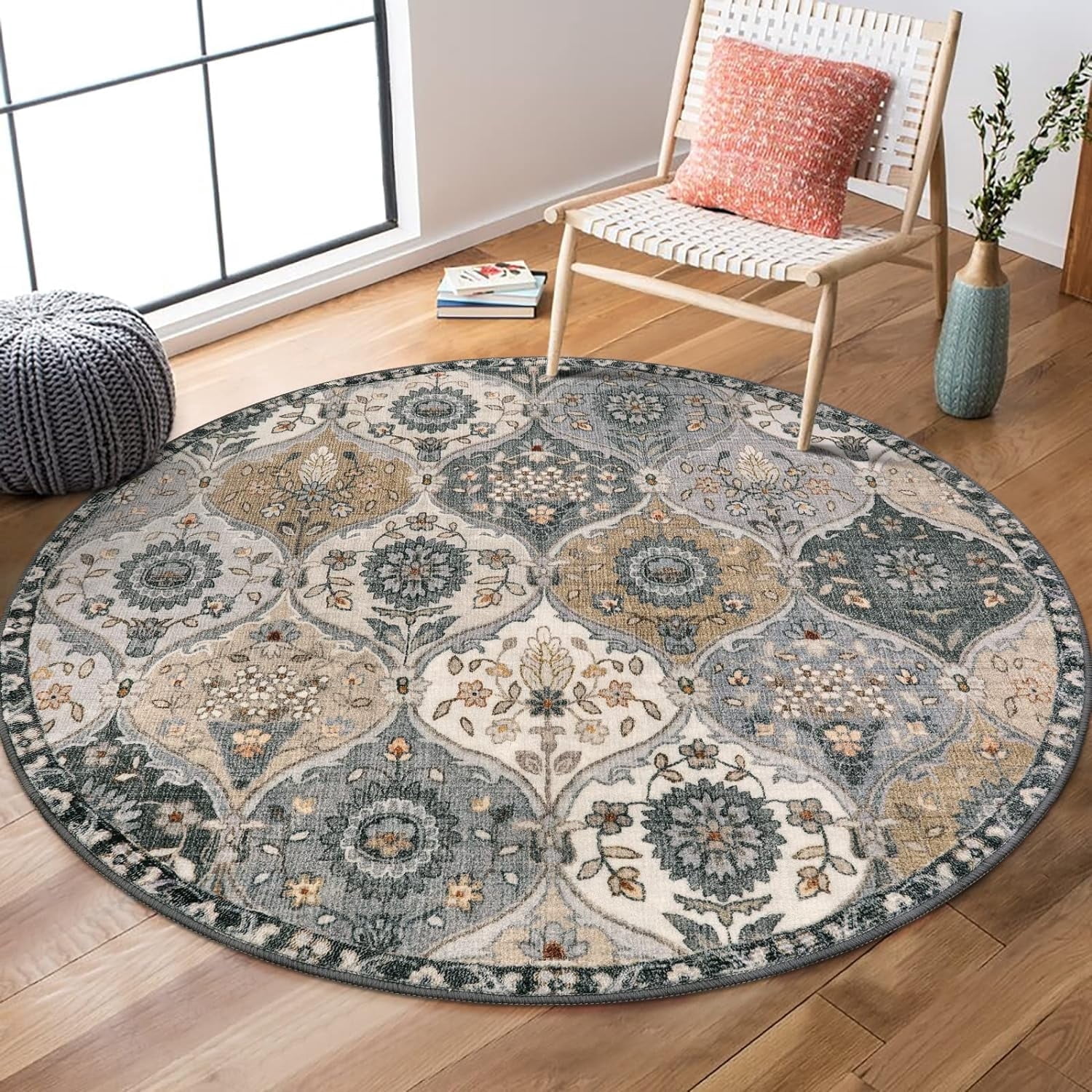 Moynesa 3'Round Moroccan Trellis Area Rug - Washable 3ft Gray - Walmart.com
