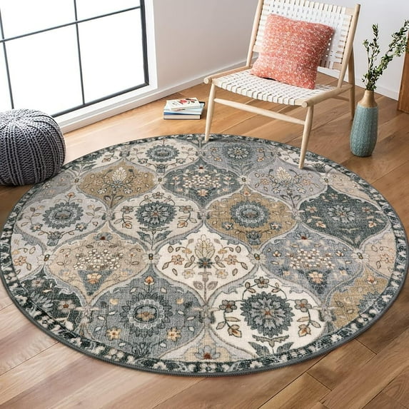 Moynesa 3'Round Moroccan Trellis Round Area Rugs - Washable Small Round Rug 3ft Non-Slip Soft Circle Rugs for Bedroom Vintage Ultra-Thin Throw Carpet for Entryway Kitchen Laundry Bathroom Gray