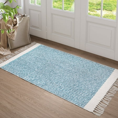 Moynesa 3'x5' Area Rug for Living Room Washable Bedroom Rugs Boho Lightweight Bath Door Mats Woven Entry Rug with Tassels Indoor Non Slip Carpet for Dining Bedroom Camper RV Gifts, Blue