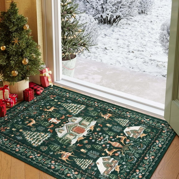 Moynesa 3'x5' Christmas Rug, Washable Indoor Outdoor Area Rug, Soft Vintage Holiday Throw Rug for Entryway, Bedroom, Living Room with No-Slip Backing Home Decor, Green