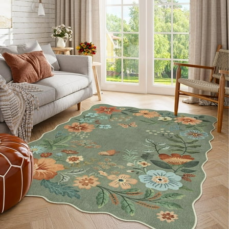 Moynesa 3'x5' Floral Bedroom Rugs Rugs, Area Rugs 3x5ft Rug for Entryway Ultra-Thin Soft Rug, Non-Slip Washable Rugs Stain Resistant Boho Rug Low-Pile Throw Rug for ‎Living Room Office,Green