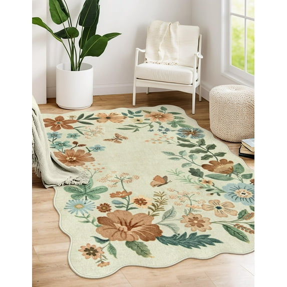 Moynesa 3'x5' Floral Bedroom Rugs Rugs, Area Rugs 3x5ft Rug for Entryway Ultra-Thin Soft Rug, Non-Slip Washable Rugs Stain Resistant Boho Rug Low-Pile Throw Rug for Living Room Office,Beige