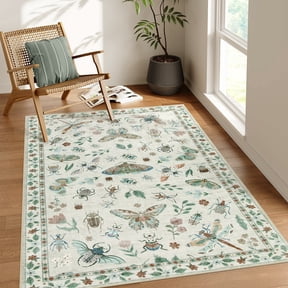 Moynesa 3'x5' Insect Washable Rug, Small Area Rug for Living Room Bedroom, Non Slip Soft Bug Accent Throw Carpet for Entryway Kitchen Nursery Office, Beige