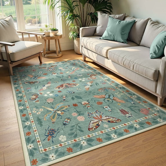 Moynesa 3'x5' Insect Washable Rug, Small Area Rug for Living Room Bedroom, Non Slip Soft Bug Accent Throw Carpet for Entryway Kitchen Nursery Office, Light Green