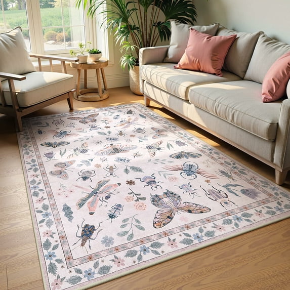 Moynesa 3'x5' Insect Washable Rug, Small Area Rug for Living Room Girls Bedroom, Non Slip Soft Bug Accent Throw Carpet for Entryway Kitchen Nursery Office, Pink