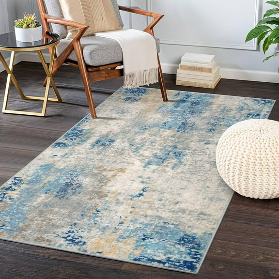 Moynesa 3'x5' Modern Abstract Area Rug,Washable Bedroom Rug Soft Throw Entry Mat Contemporary Faux Wool Non-Slip Stain Resistant Carpet for Living Room Kitchen Bath Office, Blue