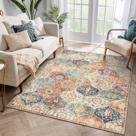 Moynesa 3'x5' Moroccan Trellis Area Rug, 3x5ft Washable Bedroom Rug Indoor Non-Slip, Small Oriental Accent Throw Rug for Kitchen Entryway Bathroom Living Room Office Carpet Cream