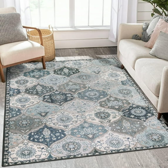 Moynesa 3'x5' Moroccan Trellis Area Rug, 3x5ft Washable Bedroom Rug Indoor Non-Slip, Small Oriental Accent Throw Rug for Kitchen Entryway Bathroom Living Room Office Carpet Blue
