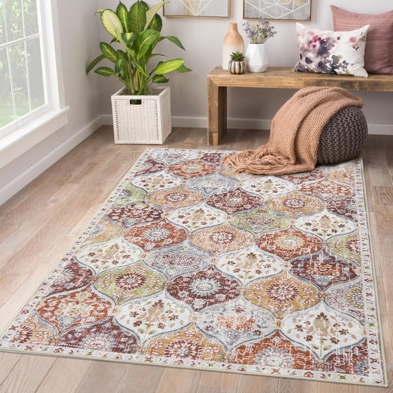 Moynesa 3'x5' Moroccan Trellis Area Rug, 3x5ft Washable Bedroom Rug Indoor Non-Slip, Small Oriental Accent Throw Rug for Kitchen Entryway Bathroom Living Room Office Carpet Orange