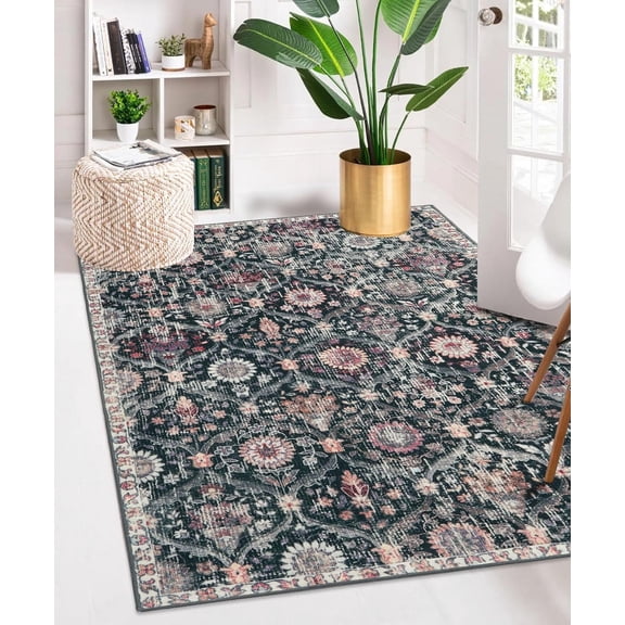 Moynesa 3'x5' Moroccan Trellis Area Rug, 3x5ft Washable Bedroom Rug Indoor Non-Slip, Small Oriental Accent Throw Rug for Kitchen Entryway Bathroom Living Room Office Carpet Black