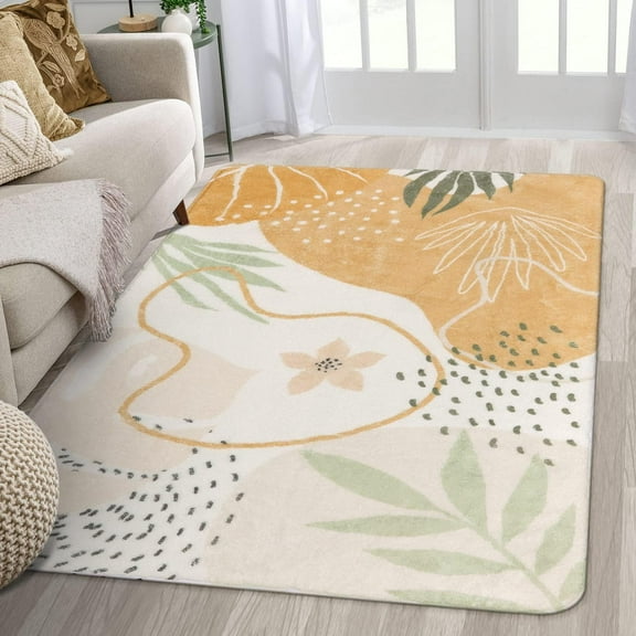 Moynesa 3'x5' Yellow Botanical Print Small Throw Rugs Modern Abstract Non-Slip Minimalist Art Area Rug Accent Distressed WashableFloor Carpet for Living Room Bedroom Entryway