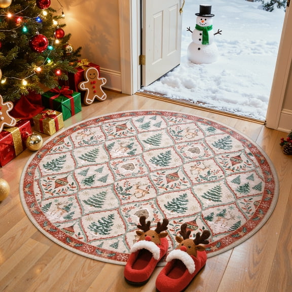 Moynesa 4' Christmas Round Area Rug for Living Room, Beige Rug Xmas Tree Modern Rug Washable Rug Non Slip Moroccan Circle Carpet Holiday Decor Geometric Soft Accent Rug for Bedroom Dining Room