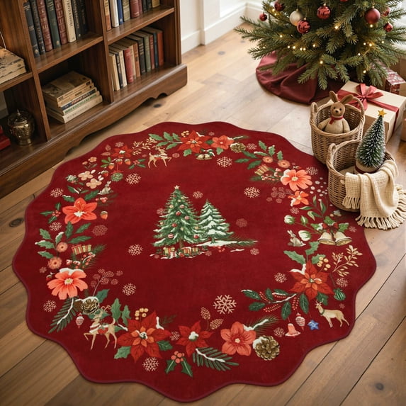 Moynesa 4' Christmas Round Rug, Washable Scalloped Christmas Area Rugs for Living Room, Soft Non Slip Xmas Tree Floral Circle Carpet Holiday Accent Rug for Bedroom Nursery, Red