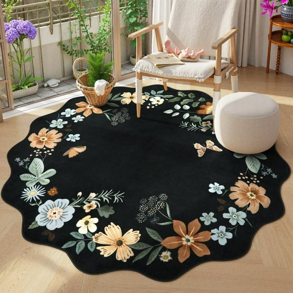 Moynesa 4' Floral Round Area Rug, Washable Rugs for Bedroom Ultra-Thin Soft Rug, Non-Slip Small Boho Circle Carpet for Entryway Nursery Bathroom,Black