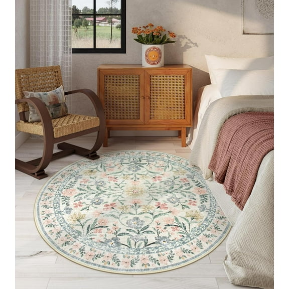 Moynesa 4'Round Boho Light Beige Rug, Washable Small Circle Rugs for Bedroom, Circular Rug, Soft Non-Slip Round Carpet for Sunroom, Biege