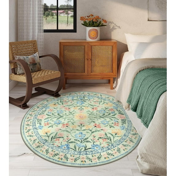 Moynesa 4'Round Boho Light Green Rug, Washable Small Circle Rugs for Bedroom, Circular Rug, Soft Non-Slip Round Carpet for Sunroom,Green