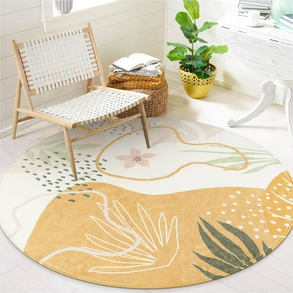 Moynesa 4'Round Boho Rugs,Washable Non-Slip Small Round Area Rug Throw Soft Cute Round Nursery Rug Non-Shed Lightweight Bathroom Rug, Yellow Botanical Print Circle Rug for Bedroom Dorm Kids Room