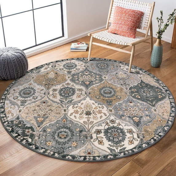 Moynesa 4'Round Moroccan Trellis Washable Rugs - Non-Slip Round Rug 4ft Ultra-Thin Small Circle Rugs for Entryway Vintage Soft Throw Rug Carpet for Kitchen Bedroom Nursery Bathroom Gray