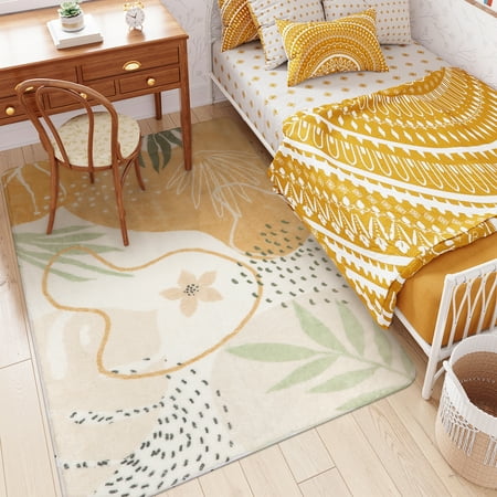 Moynesa 4'x6' Area Rugs for Living Room,Yellow Carpet for Bedroom Washable Non-Slip Boho Rug Throw Cute Soft Rug,Abstract Botanical Print Indoor Rugs for Kitchen Entryway Dining Room