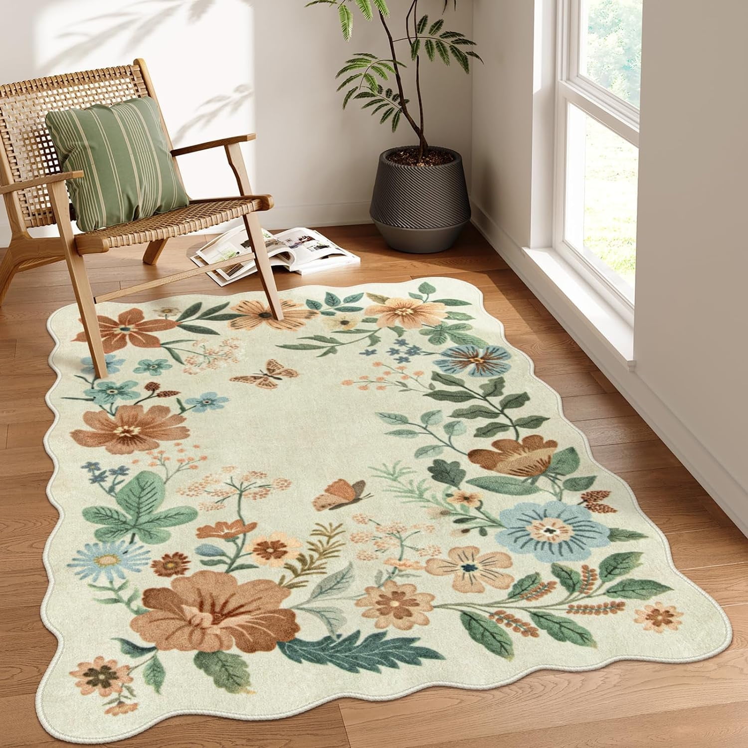 Moynesa 4'x6' Floral Living Room Rugs, Area Rugs 4x6ft Rug for Bedroom Ultra-Thin Soft Rug, Non-Slip Washable Rugs Stain Resistant Boho Rug Low-Pile Throw Rug for ‎Dining Room Office,Beige