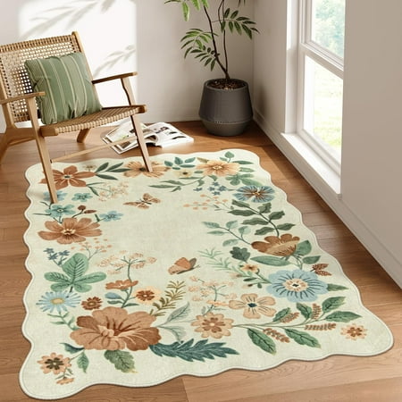 Moynesa 4'x6' Floral Living Room Rugs, Area Rugs 4x6ft Rug for Bedroom Ultra-Thin Soft Rug, Non-Slip Washable Rugs Stain Resistant Boho Rug Low-Pile Throw Rug for ?Dining Room Office,Beige