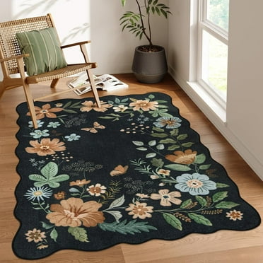 Moynesa 4'x6' Floral Living Room Rugs, Area Rugs 4x6ft Rug for Bedroom Ultra-Thin Soft Rug, Non-Slip Washable Rugs Stain Resistant Boho Rug Low-Pile Throw Rug for ‎Dining Room Office,Black