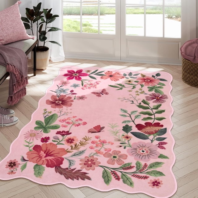 Moynesa 4'x6' Floral Living Room Rugs, Area Rugs 4x6ft Rug for Bedroom Ultra-Thin Soft Rug, Non-Slip Washable Rugs Stain Resistant Boho Rug Low-Pile Throw Rug for Dining Room Office,Pink